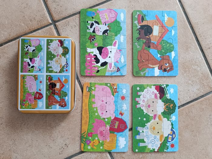 4 puzzles enfants évolutifs dans sa boîte métallique sur le thème de la ferme - photo numéro 3