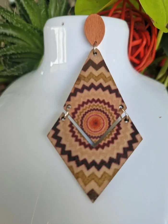 Boucles d'oreilles fantaisies losange en bois - photo numéro 3