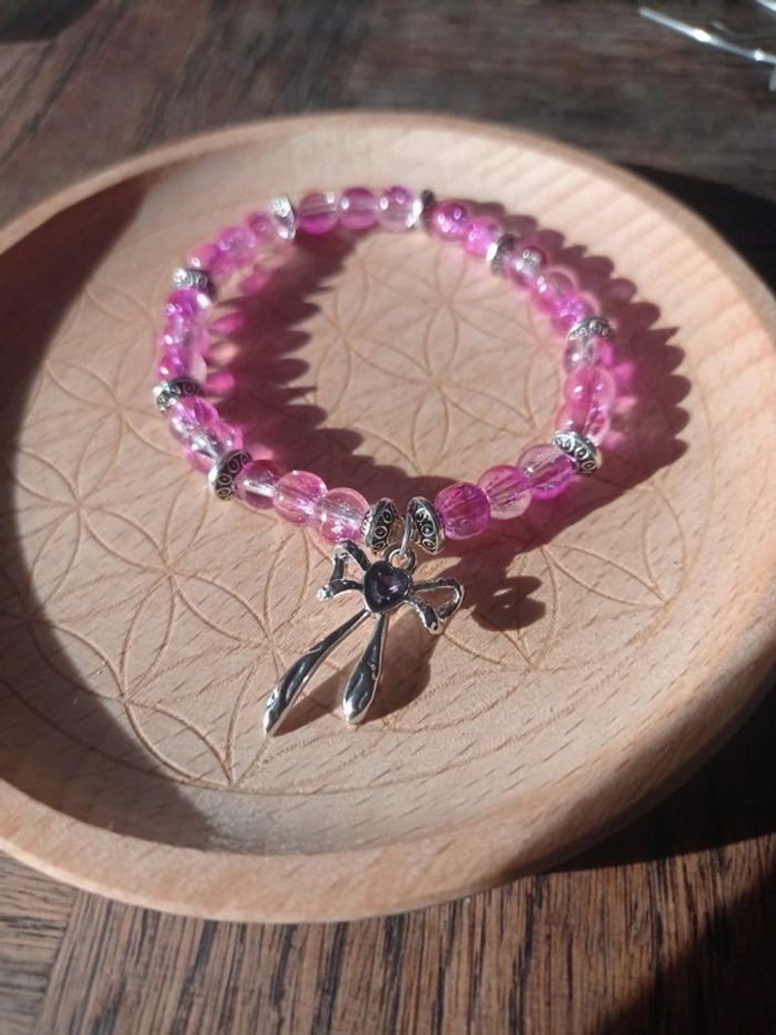 Bracelet perles de verre rose et blanche