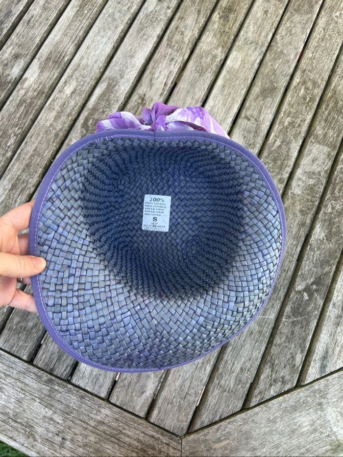 Chapeau de paille italien avec foulard - T.S - Violet et crème - photo numéro 5
