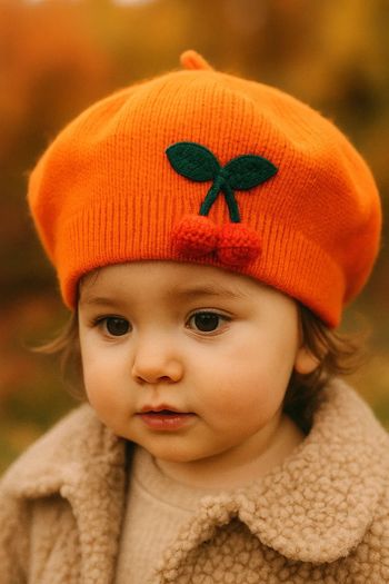🍒 Unique Orange Cotton Beret with Handmade Cherry Detail – Cozy Autumn & Winter Hat – Gift Ready