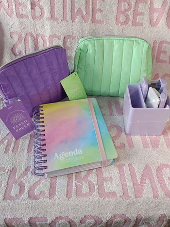 Lot papeterie agenda 2025-2026 + 2 trousses pastel + organiseur bureau – neuf – scolaire