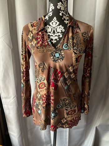 Blouse brune imprimée rouge, turquoise M (n°30)