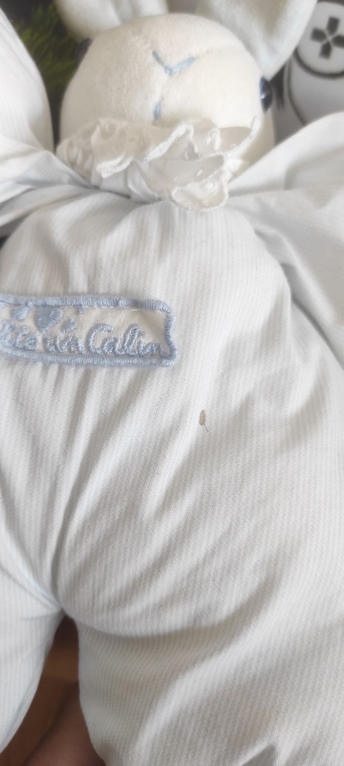 Doudou lapin rayé bleu Vite un calin moulin roty peluche blanc bleu ancien - photo numéro 4