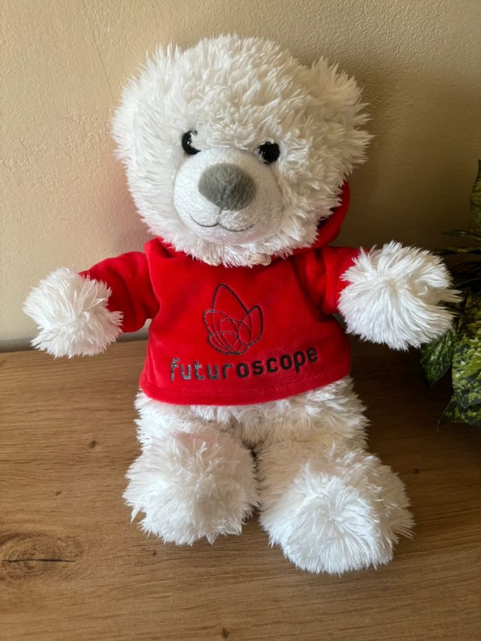 Doudou peluche ours blanc pull rouge capuche futuroscope - photo numéro 2