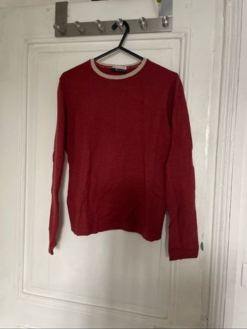 Pull rouge rouille avec col beige en mérinos tissaia
