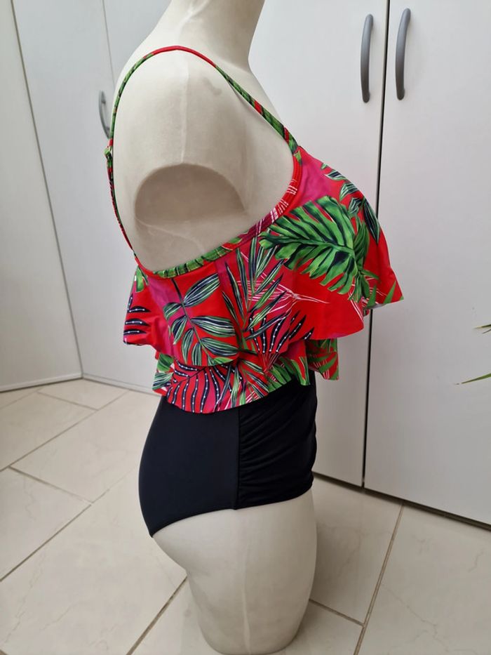 Tankini Taille Haute Maillot De Bain 2 Pieces Jungle Noir Rouge Rose Vert Volants Taille XL 44 - photo numéro 10