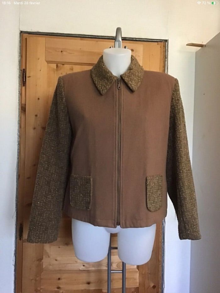 Manteau court marron bi matière doublé 80% laine état neuf vintage 60s Didi