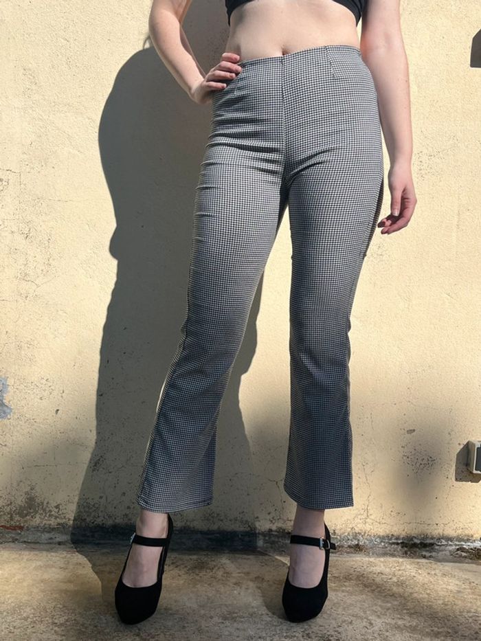Pantalon flare évasé taille haute élastique - motifs carreaux - photo numéro 2