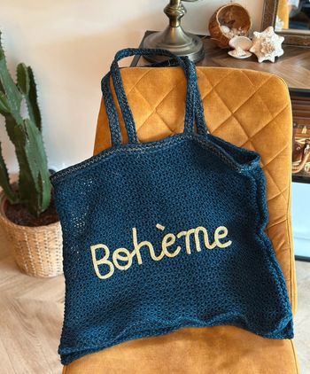 Sac cabas en jute bleu marine “Bohème” anses cuir