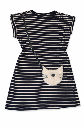 Robe 8 ans, printemps / été, motif chat en peluche + sequins.