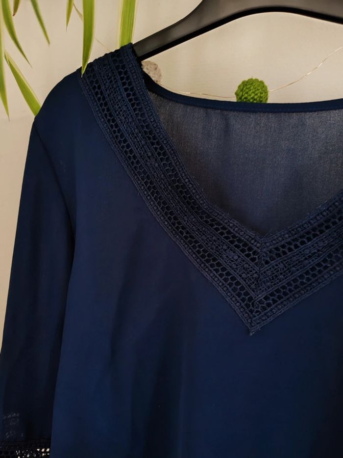 Blouse manches longues bleu marine ajourée - photo numéro 3