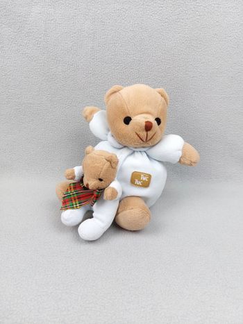 Doudou peluche ours boule et son bébé TUC TUC 23 cm marron bleu nœud rayé