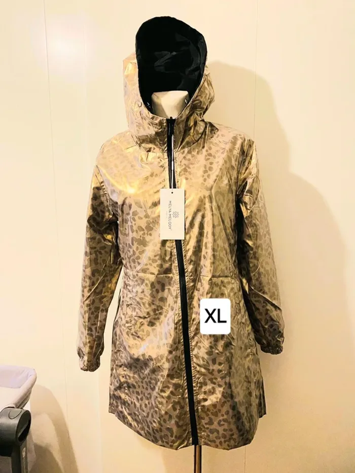 Manteau parka femme imperméable réversible long noir/doré léopard taille XL - photo numéro 2