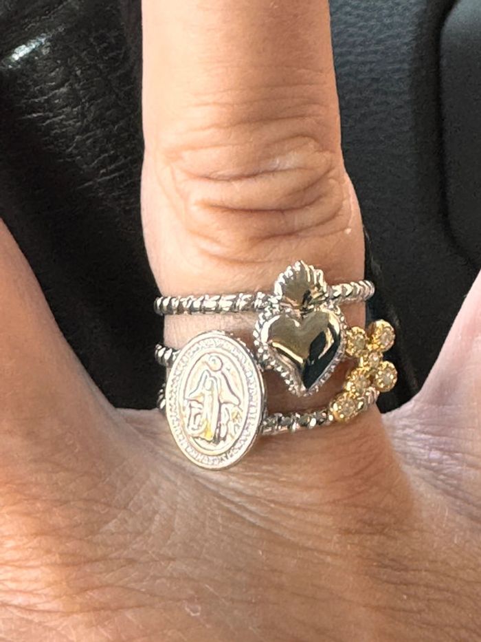 Bague large réglable acier inoxydable argent /or cœur ex-voto vierge croix - photo numéro 3