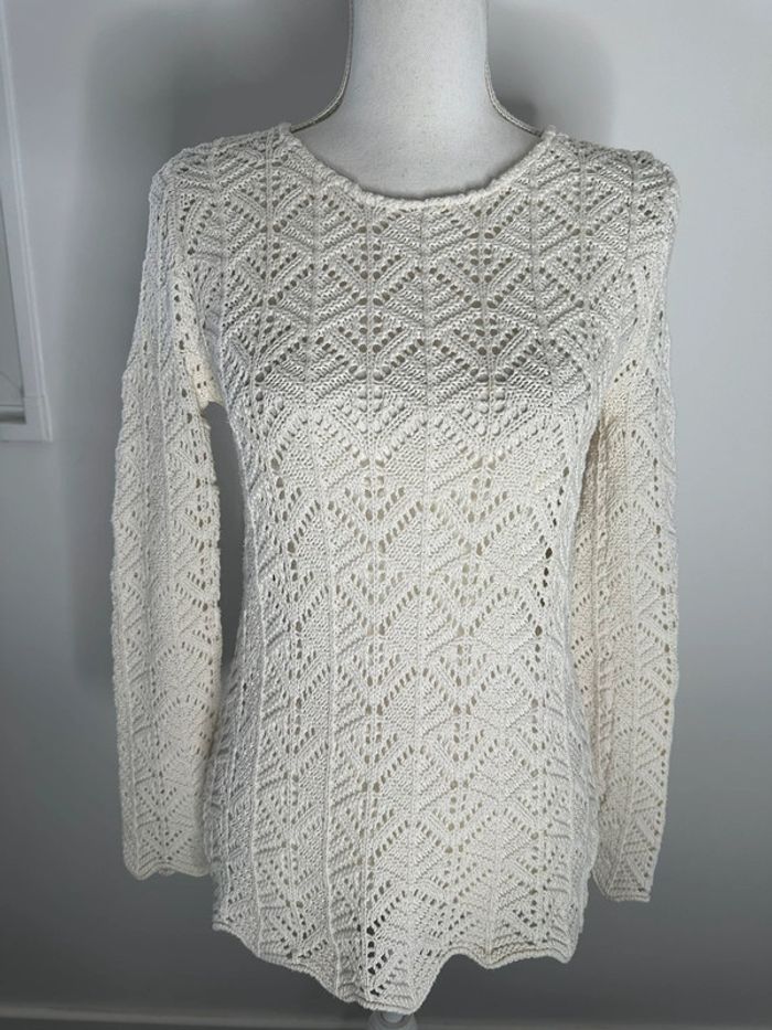 Pull en crochet tricot maille ajourée blanc Vintage T38 M