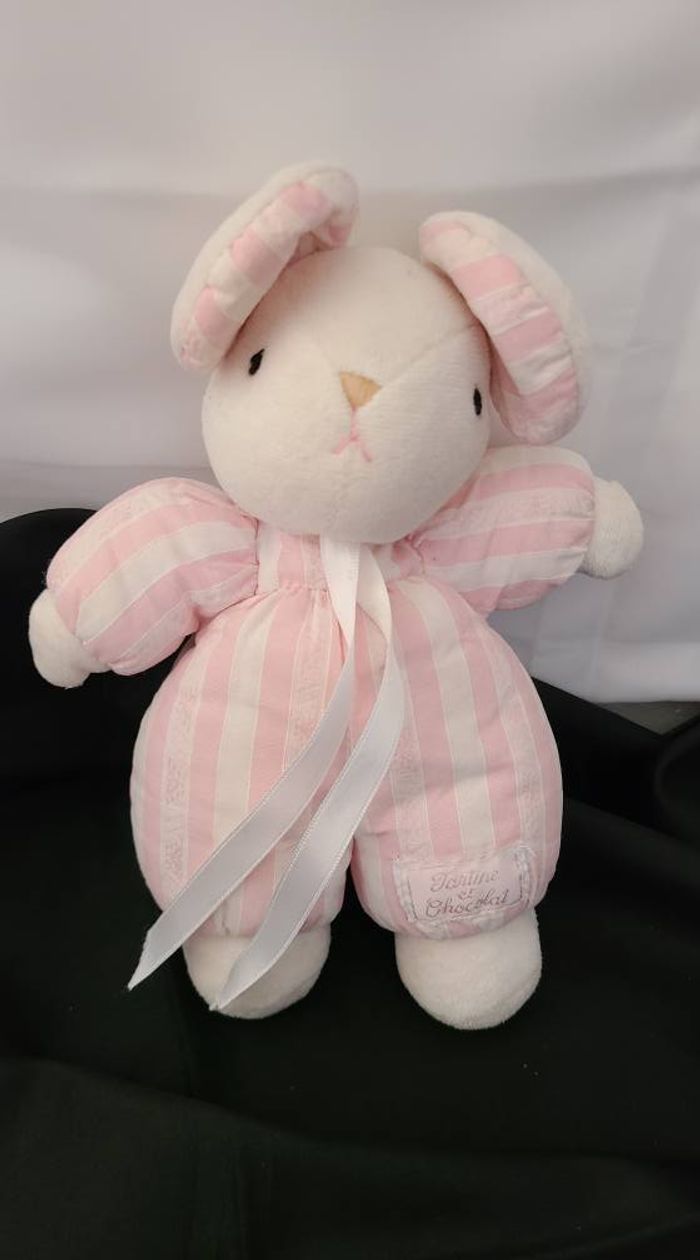 Doudou lapin blanc rayé rose TARTINE ET CHOCOLAT