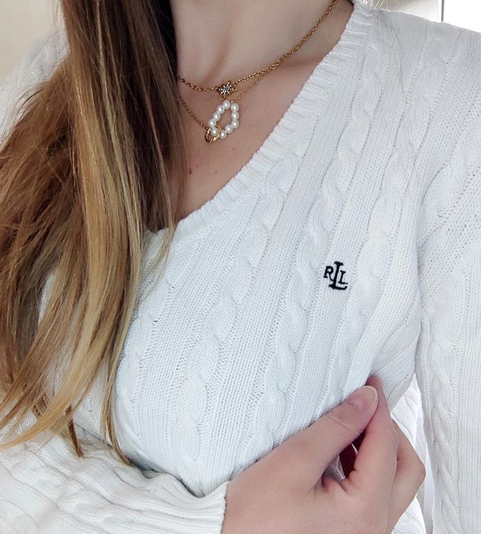 Pull irlandais col v en 100% coton blanc, Ralph Lauren t.M - photo numéro 3