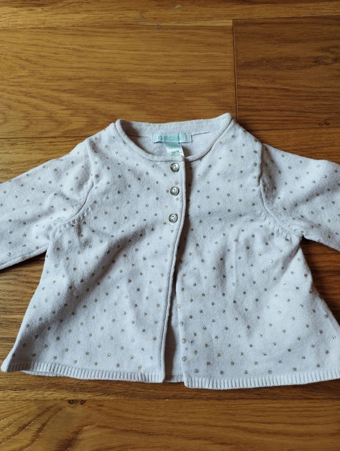 Gilet fille Obaibi 3 mois rose pâle à pois dorés brillants