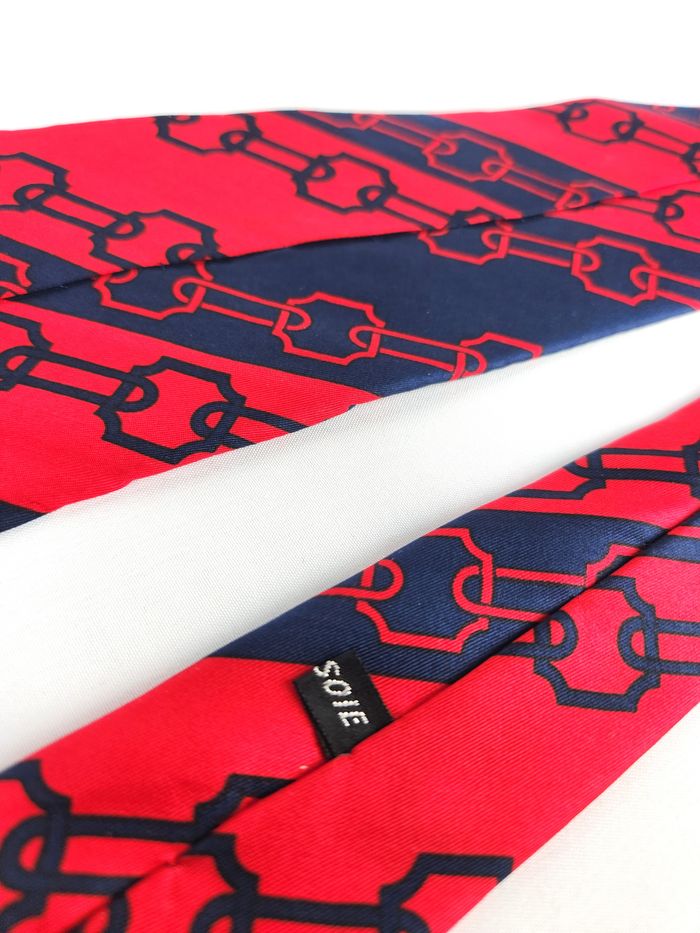 Cravate Jean Patou Soie Homme Rouge Marine Chaîne Maillons Motif Luxe Vintage - photo numéro 7