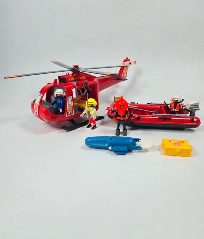 Playmobil Hélicoptère de pompiers et Bateau