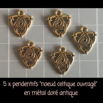 5 x pendentifs "nœud celtique ouvragé" en métal doré antique