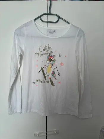 T-shirt blanc manche longue licorne 10/12 ans