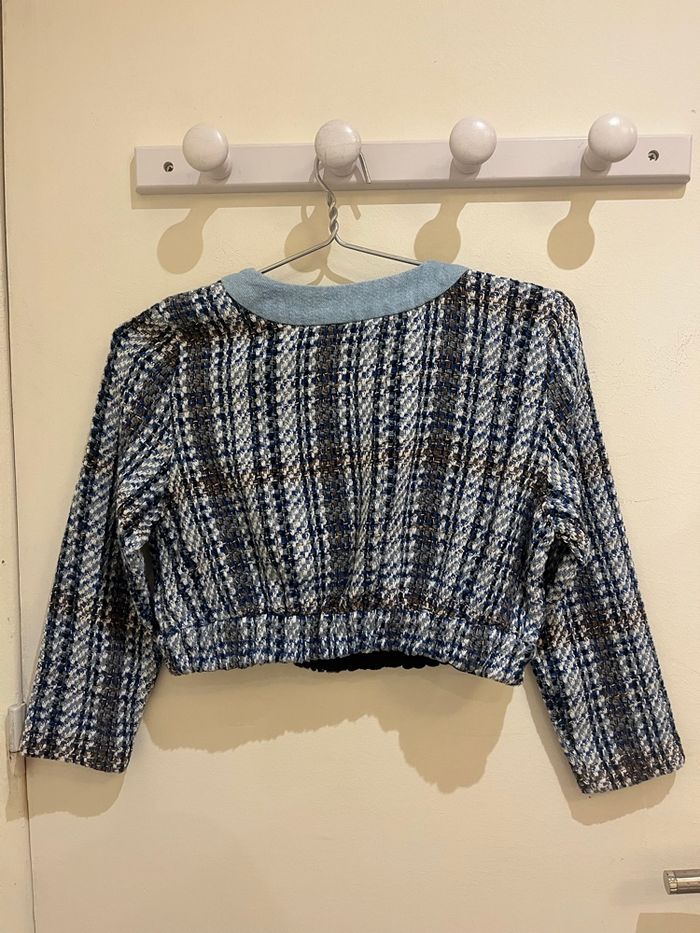 Top cardigan cropped court bi matière en denim col rond boutonné bleu zara taille M/38 - photo numéro 4