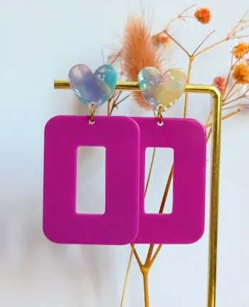Boucles d'oreilles pendantes rectangulaires coeur violet
