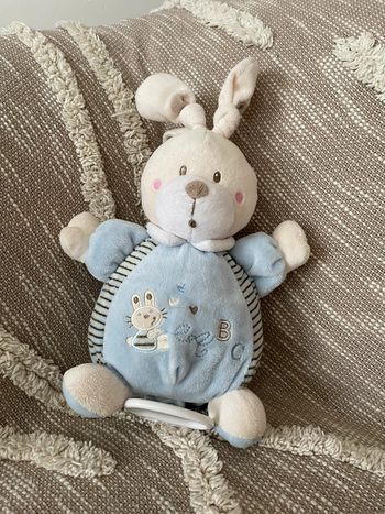 Peluche doudou musical 22cm Nicotoy lapin beige bleu rayé marron abc très bon état