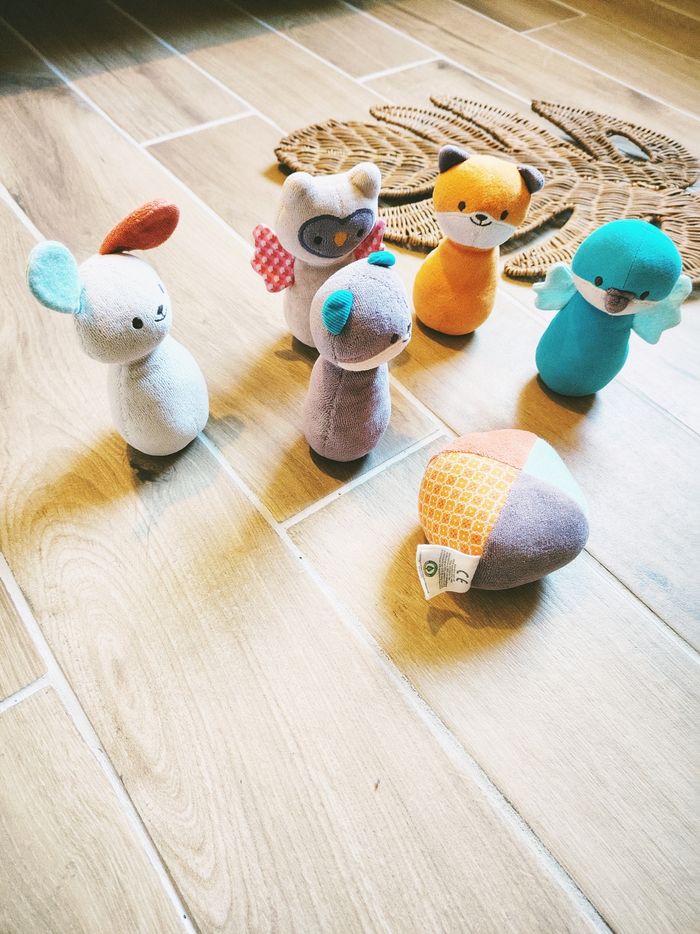 🐱Quilles animaux en tissu  peluche avec balle grelot marque Nature et découvertes - photo numéro 2