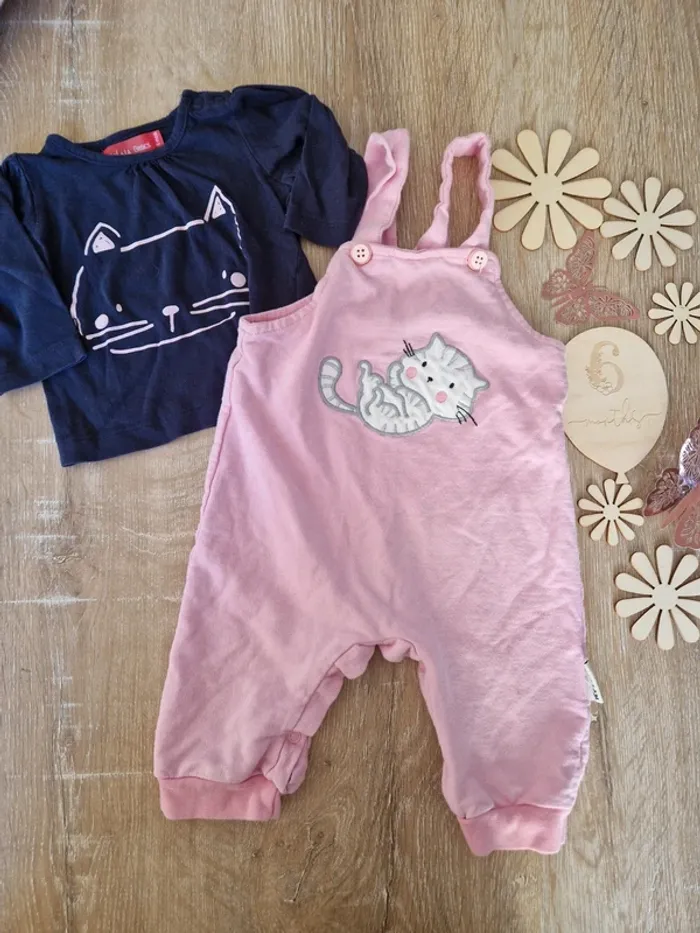 Ensemble salopette rose et t-shirt bleu bébé fille 6 mois