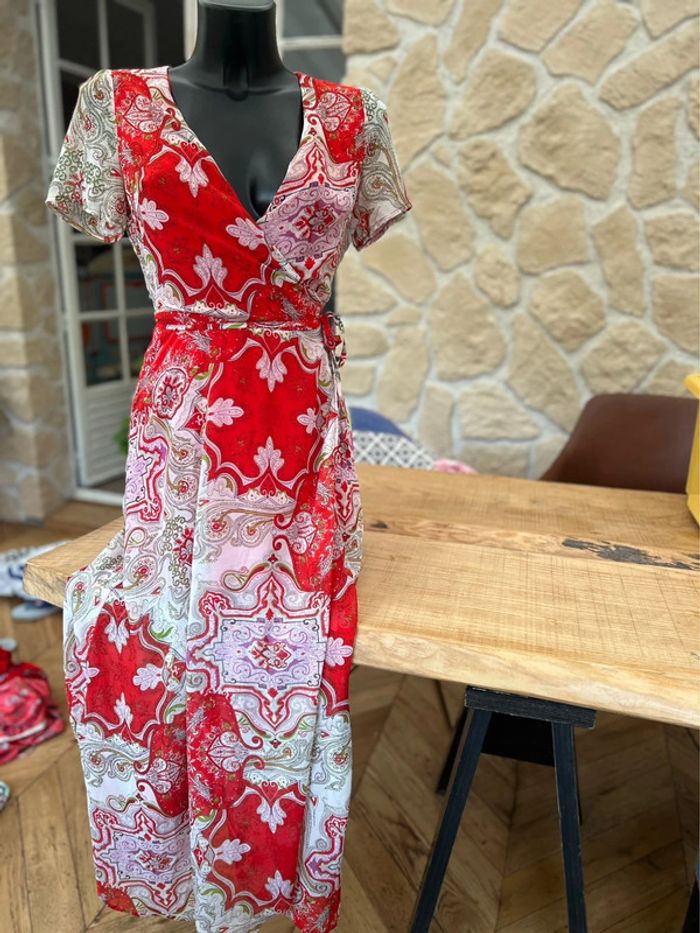 Robe longue rouge blanche taille s 36 à fleurs majolica été - photo numéro 4