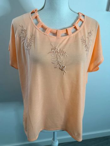 T-shirt orange et broderies fleurs col ajouré Vintage T40 L