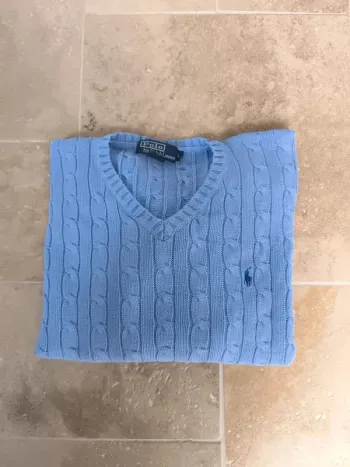 Pull col V torsadé Ralph Lauren L bleu logo marine excellent état