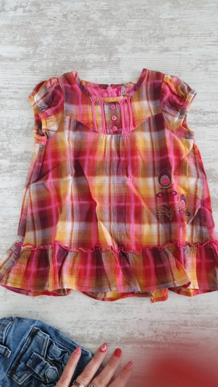 Tunique a carreaux manches courtes ton orangé et jeans 2 ans - photo numéro 2