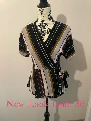 Blouse cache cœur noir rayure vert foncé moutarde blanc beige bordeaux New Look taille 36