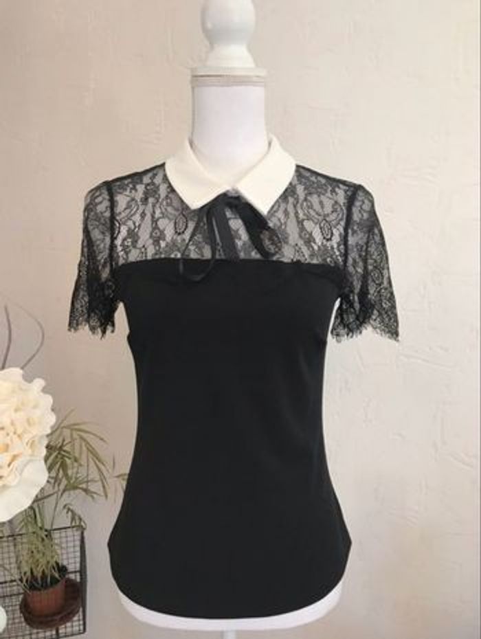 Haut noir dentelle col blanc style Mercredi Addams - Taille S