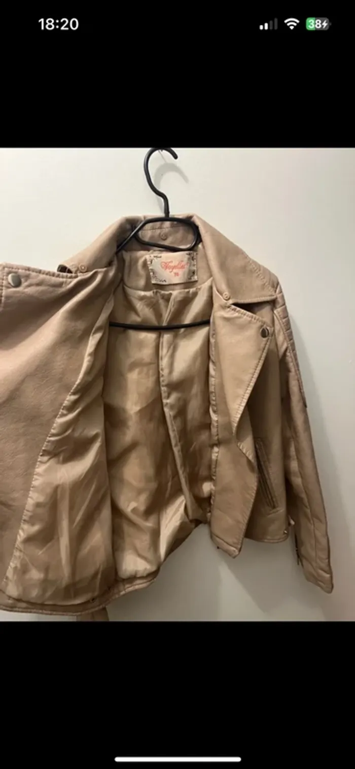 Perfecto simili cuir beige femme biker chic rock automne mi-saison blouson veste zippée motarde T38 - photo numéro 3