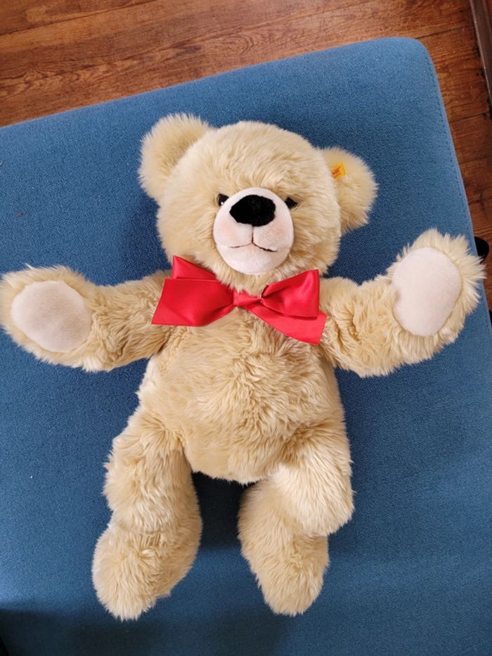 Énorme ours peluche Steiff miel crème clair grand 54cm noeud rouge collection traditionnel - photo numéro 6