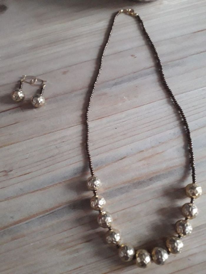 Parure collier & paire boucles d'oreilles cuivré & doré - Artisan