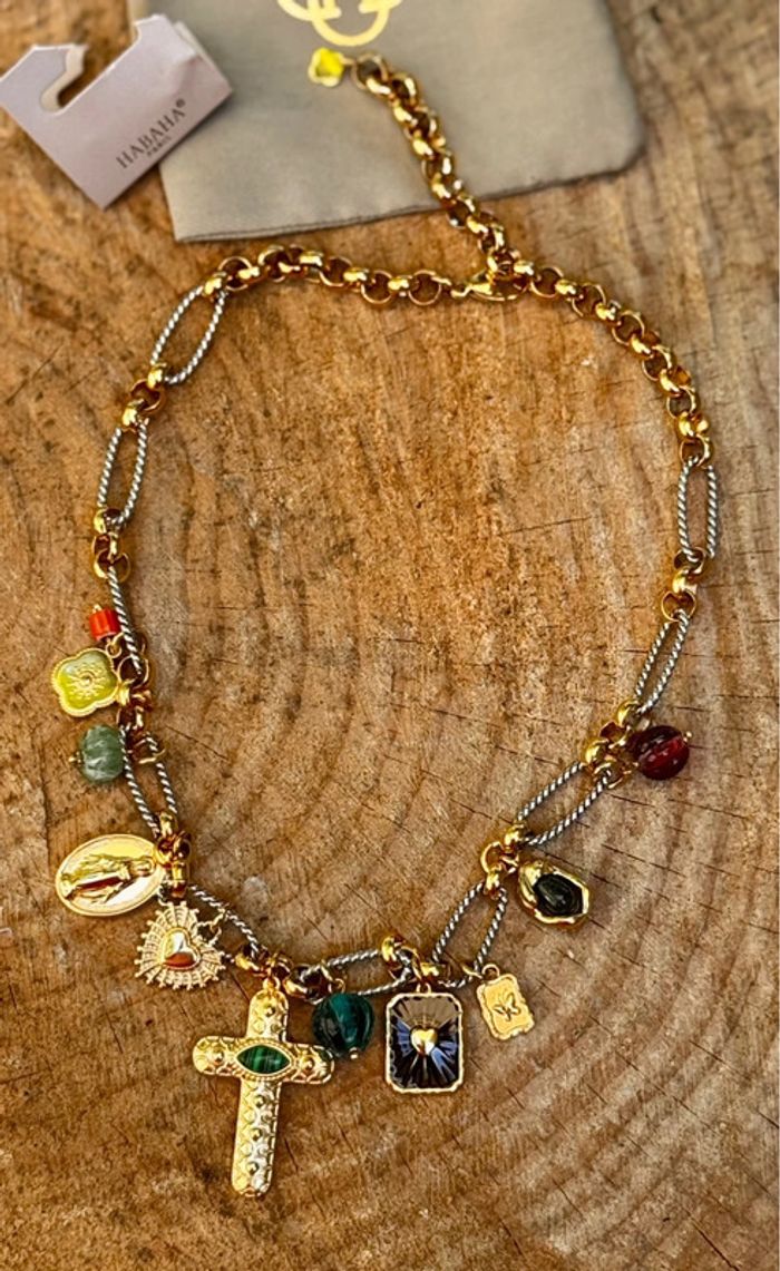 Collier acier inoxydable or et argent  croix vierge perle  pierre cœur ex-voto trèfle habaha Paris - photo numéro 2