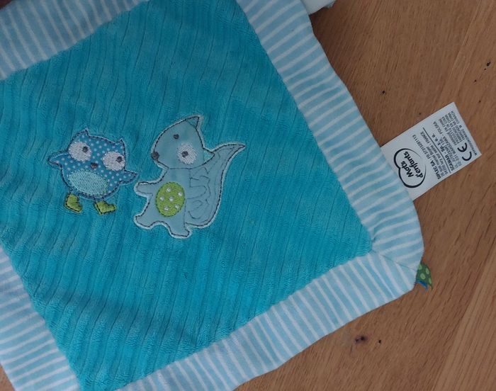 Doudou plat lapin bleu blanc rayé hibou écureuil - photo numéro 4