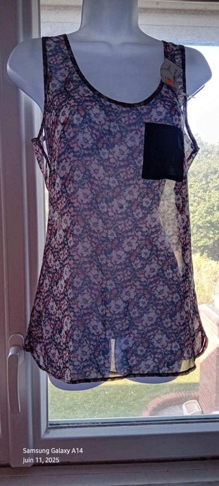 Débardeur long en voile avec poche imprimé fleurs rose femme 36 warehouse - photo numéro 8