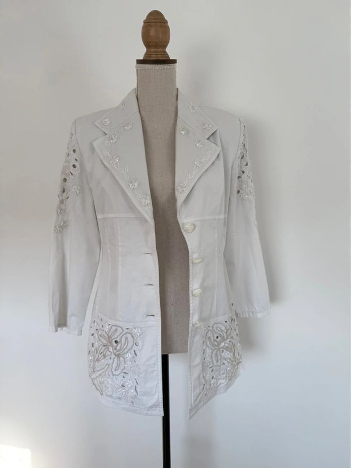 Veste blazer dentelle broderie vestido stretch denim manches vest manteau blouson Giacca jacket - photo numéro 5