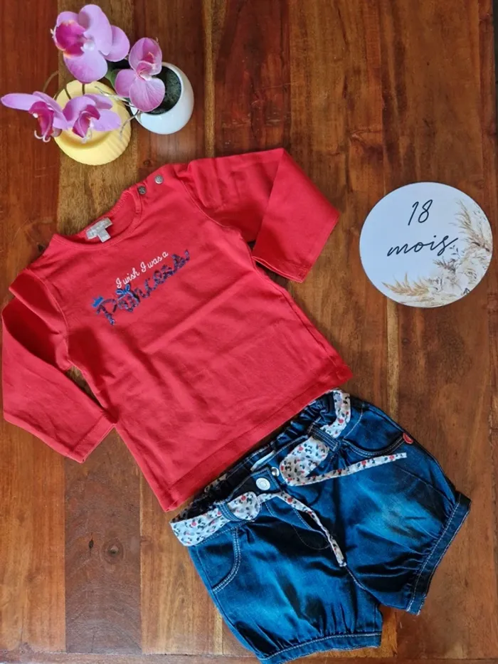 Ensemble short en jean + t-shirt manches longues à sequins