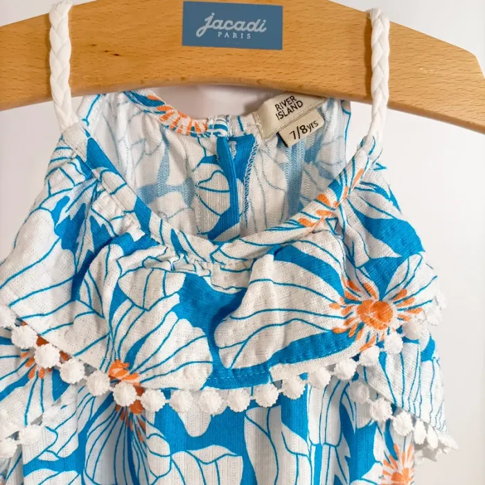 Combishort fille River Island bleu fleuri 7-8 ans coton léger été chic et décontracté A1395 - photo numéro 3