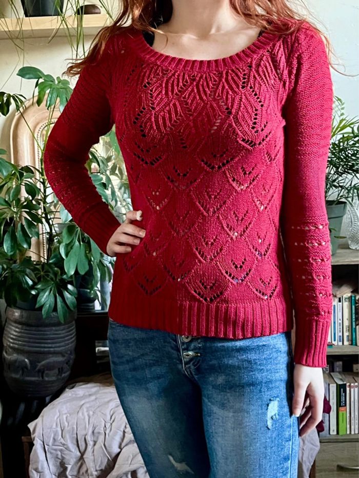 Haut manches longues type dentelle - rouge foncé - photo numéro 4