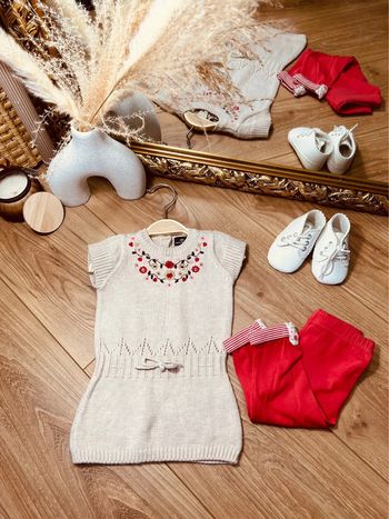 Taille 6 mois tenue 2p fille Sergent Major beige et corail * mailles fleurs * 🎀