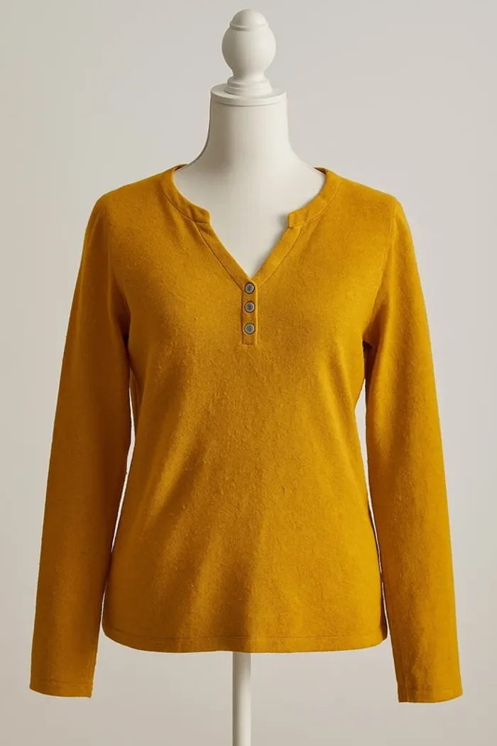 🧥 Pull moutarde Tissaia – Taille 46/48 – Boutonné col V